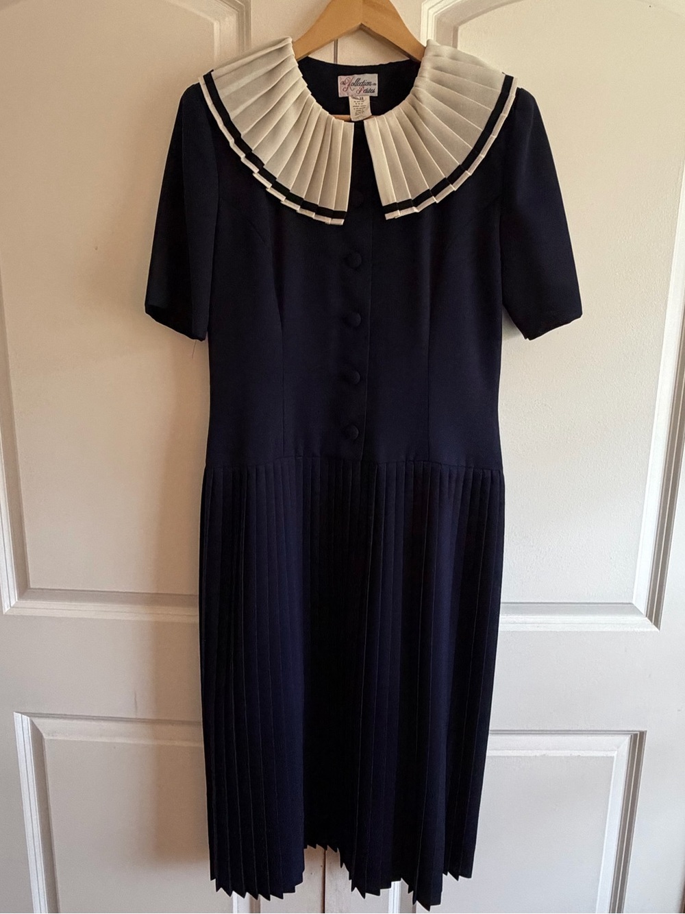 Vintage Navy Midi Dress with White Pleated Sailor Collar Buttons made in USA